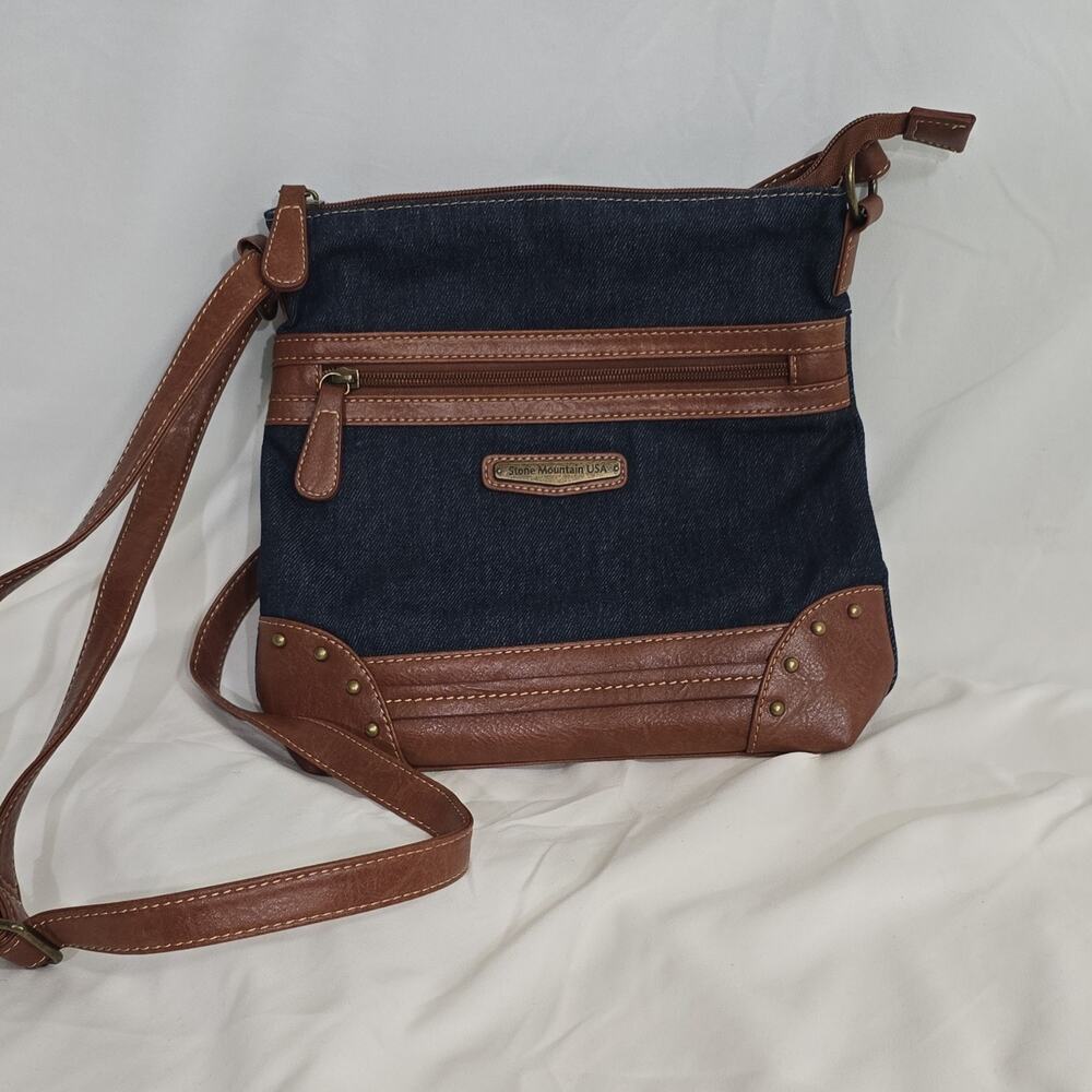 Stone Mountain Dark Blue Brown Crossbody Bag with Zipper and Stud Accents